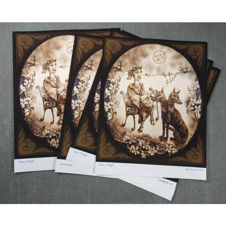 Chaos Woods - Wholesale Art Print - Full moon, faun & two-headed dog fantasy print2