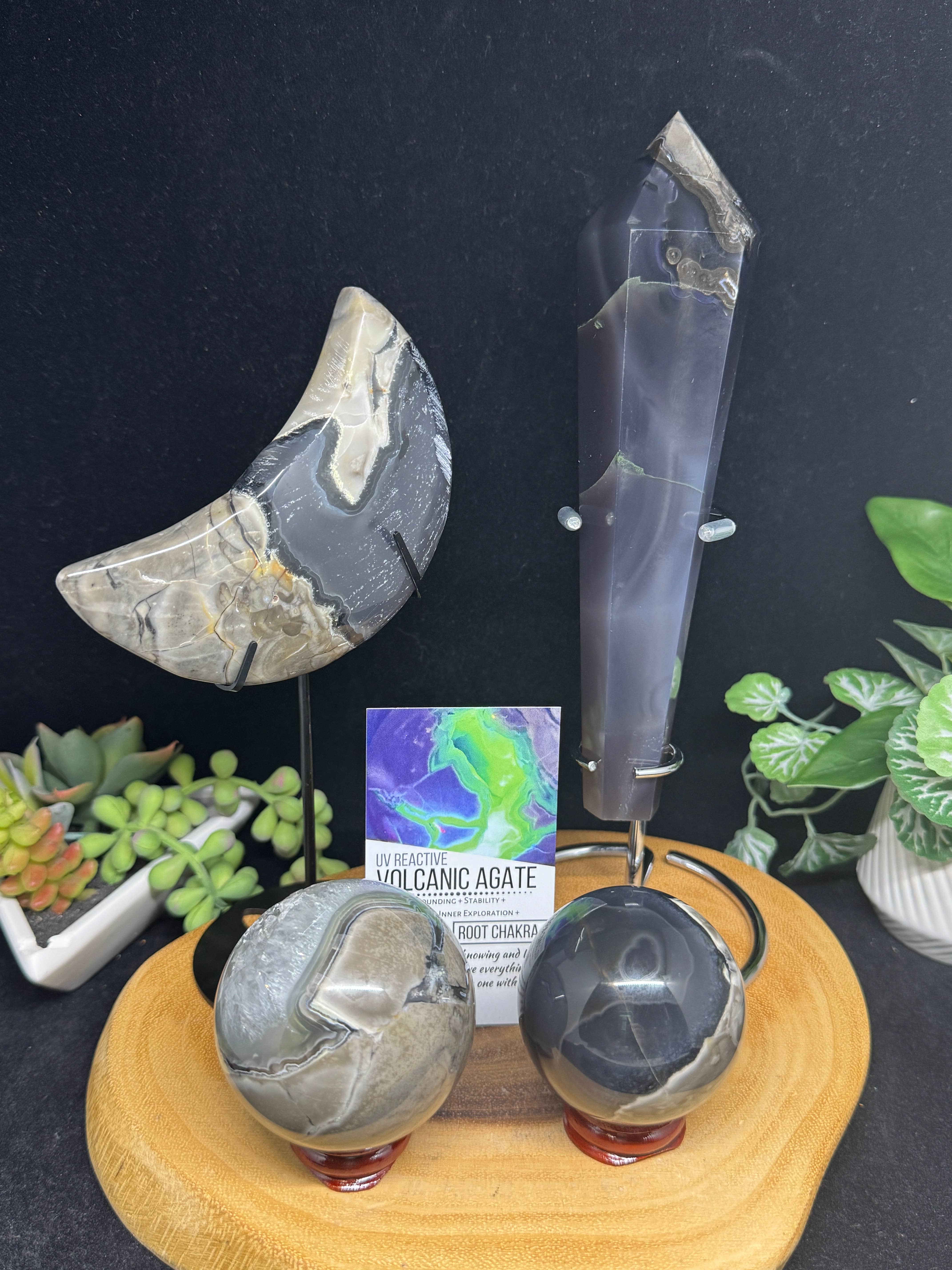 The 7 Directions - Wholesale Spiritual Stone/Crystal - 4 pc UV reactive Volcanic agate sphere wand moon bundle G7191