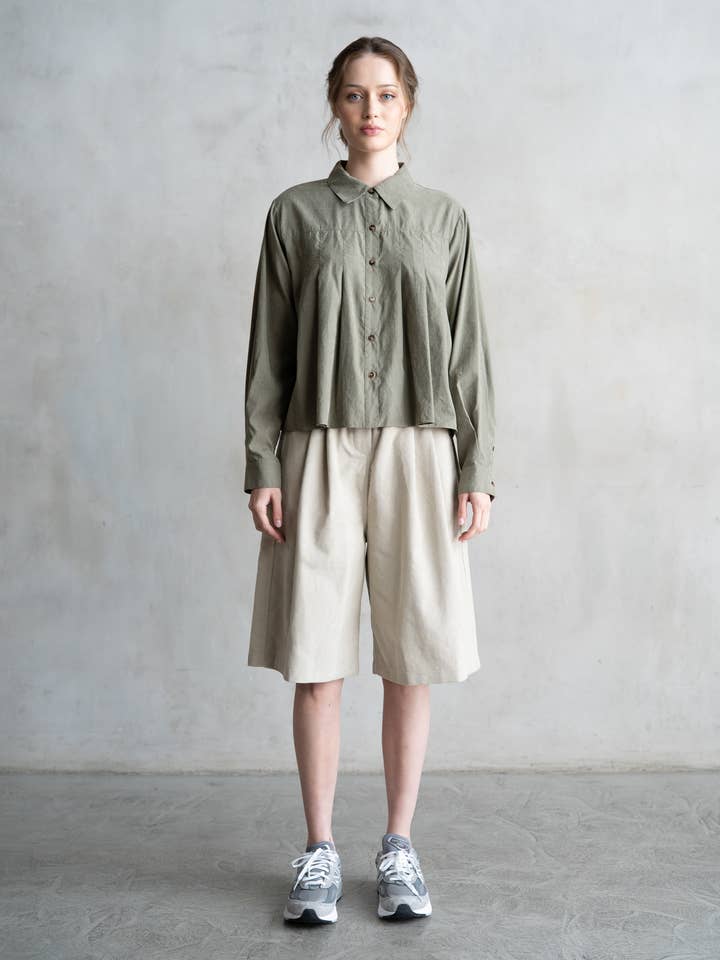 PLEATED BUTTON UP LONG SLEEVE SHIRT for wholesale by ELLE GREY