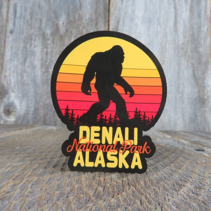 Alaska Denali Bigfoot Sticker National Park Retro Sunset Souvenir Waterproof Travel Water Bottle Laptop Red Yellow for wholesale by Kirk's Krafts