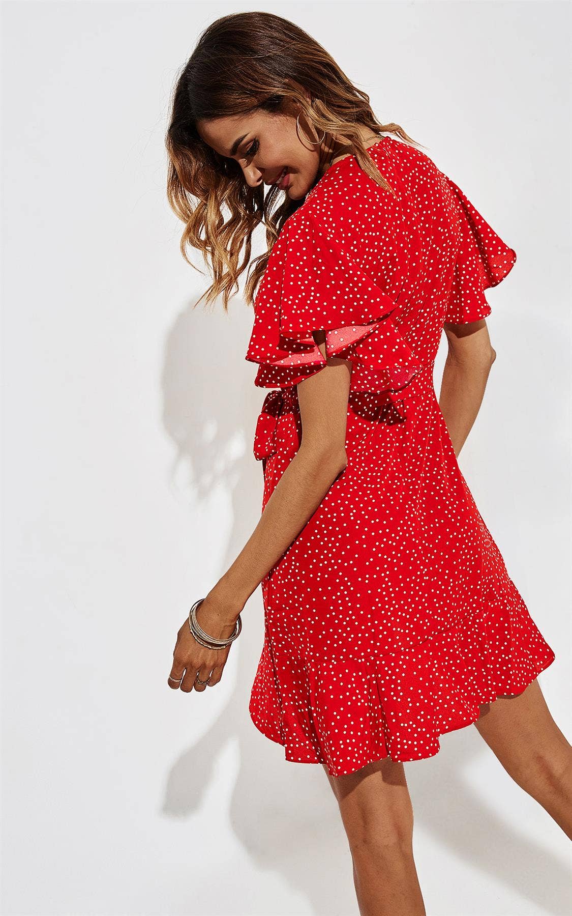 FS Collection - Wholesale Dress - Women's - Dot Print Wrap Top Dress In Red1