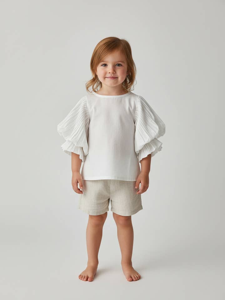 Solid White Color Puff Sleeves Ruffled Top for wholesale by Yo Baby