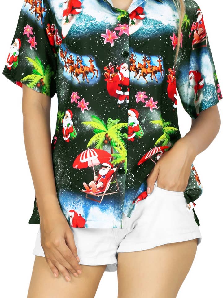 Chemise noire LA LEELA Christmas Chill Santa pour femmes P00537 pour la vente par LA LEELA \ HAPPY BAY