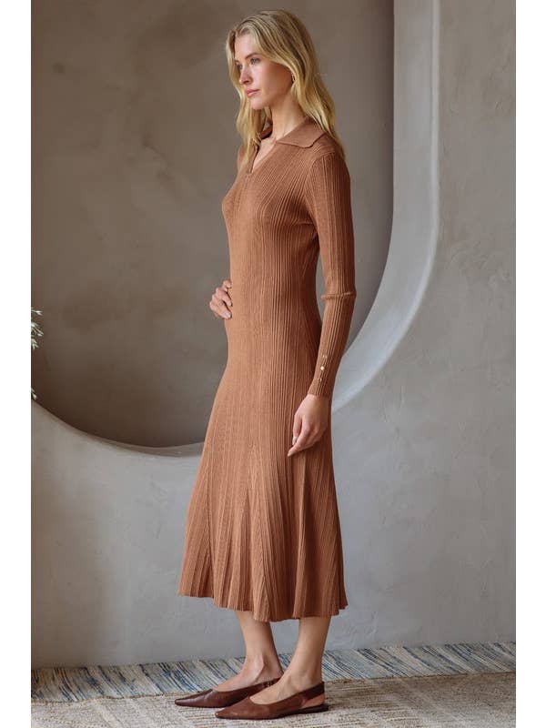 Brown Ribbed Knit Long Sleeve Collared Midi Dress for wholesale on Faire1