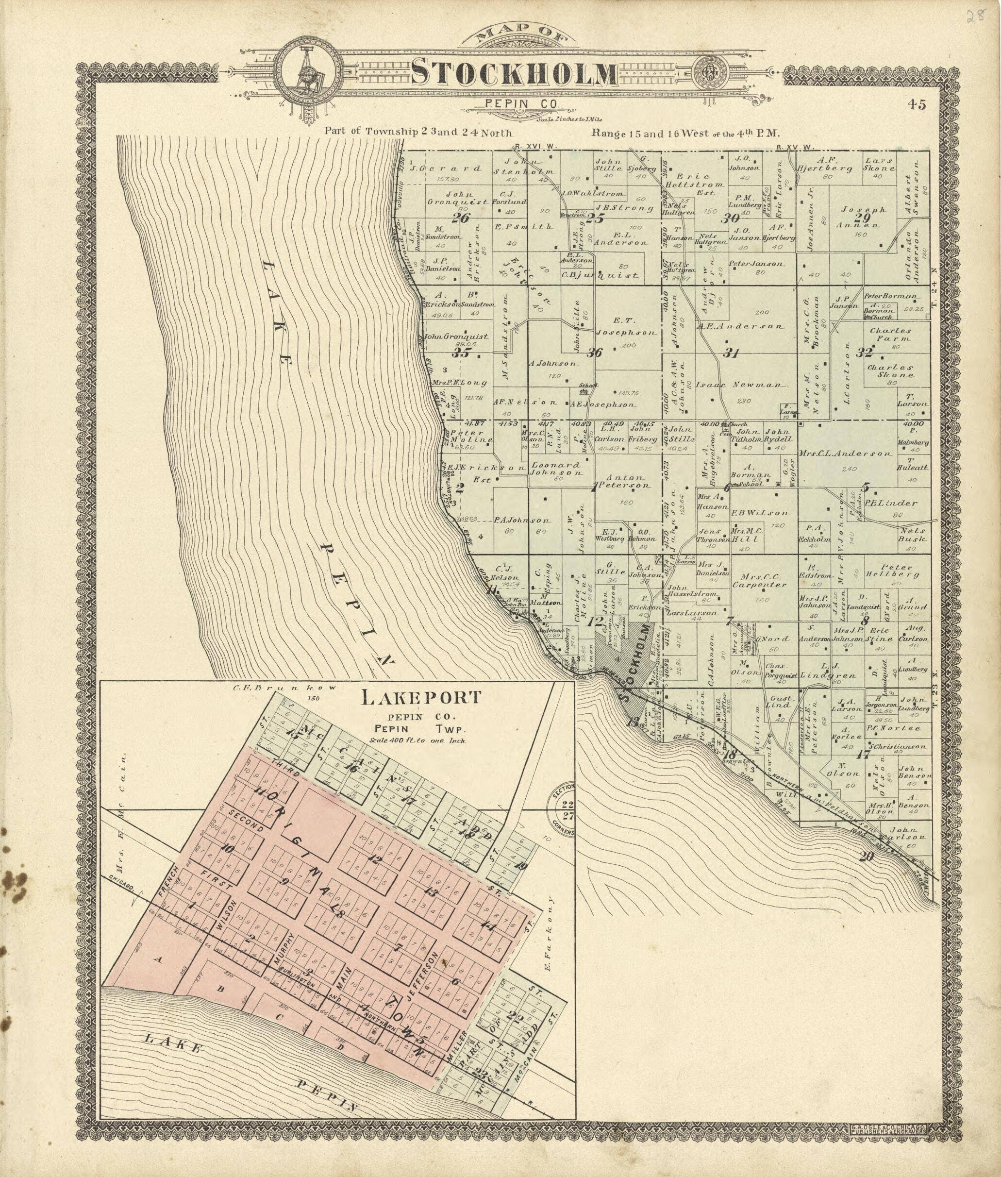 Relic Map Co. - Wholesale Map - Map of Stockholm Pepin Co. from Standard Atlas of Buffalo and Pepin Counties, Wisconsin 18960