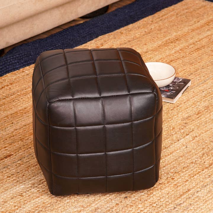 BBH Homes LLC - Vente Pouf - Pouf carré géométrique en cuir de chèvre fait main couleur noire BBH4