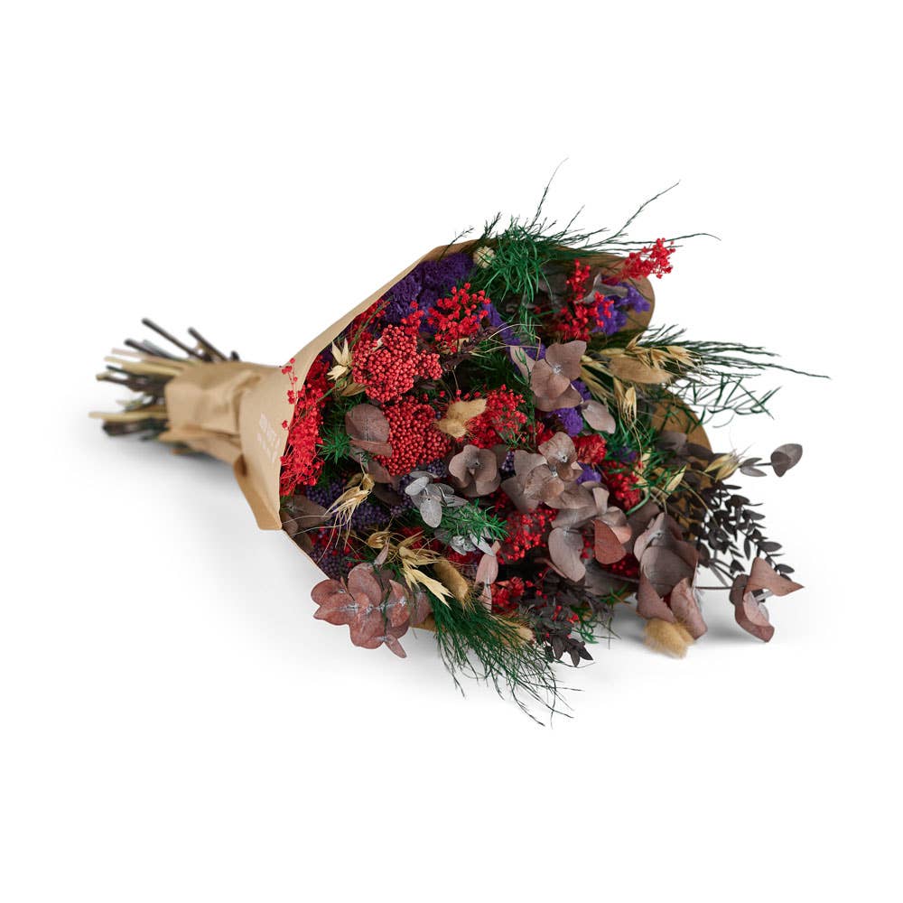 Evige Blomster – Engroshandel Tørrede/pressede blomster – Evighedsbuket lilla og rød mix - Stor Langtidsholdbar buket 2