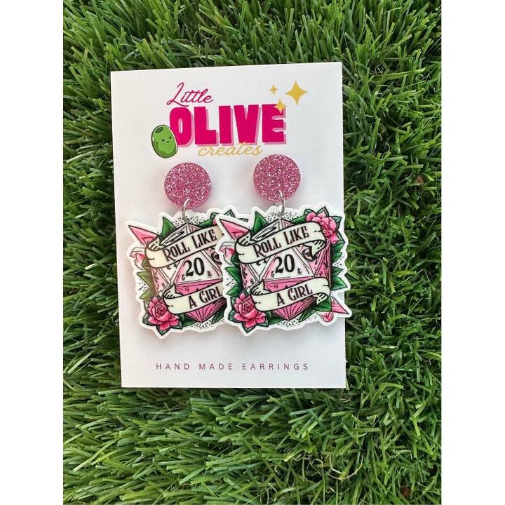Little Olive Creates - Wholesale Dangle earrings - Empower Your Quest with Dungeons and Dragons 'Roll Like A Girl' D20 Dice Earrings!2