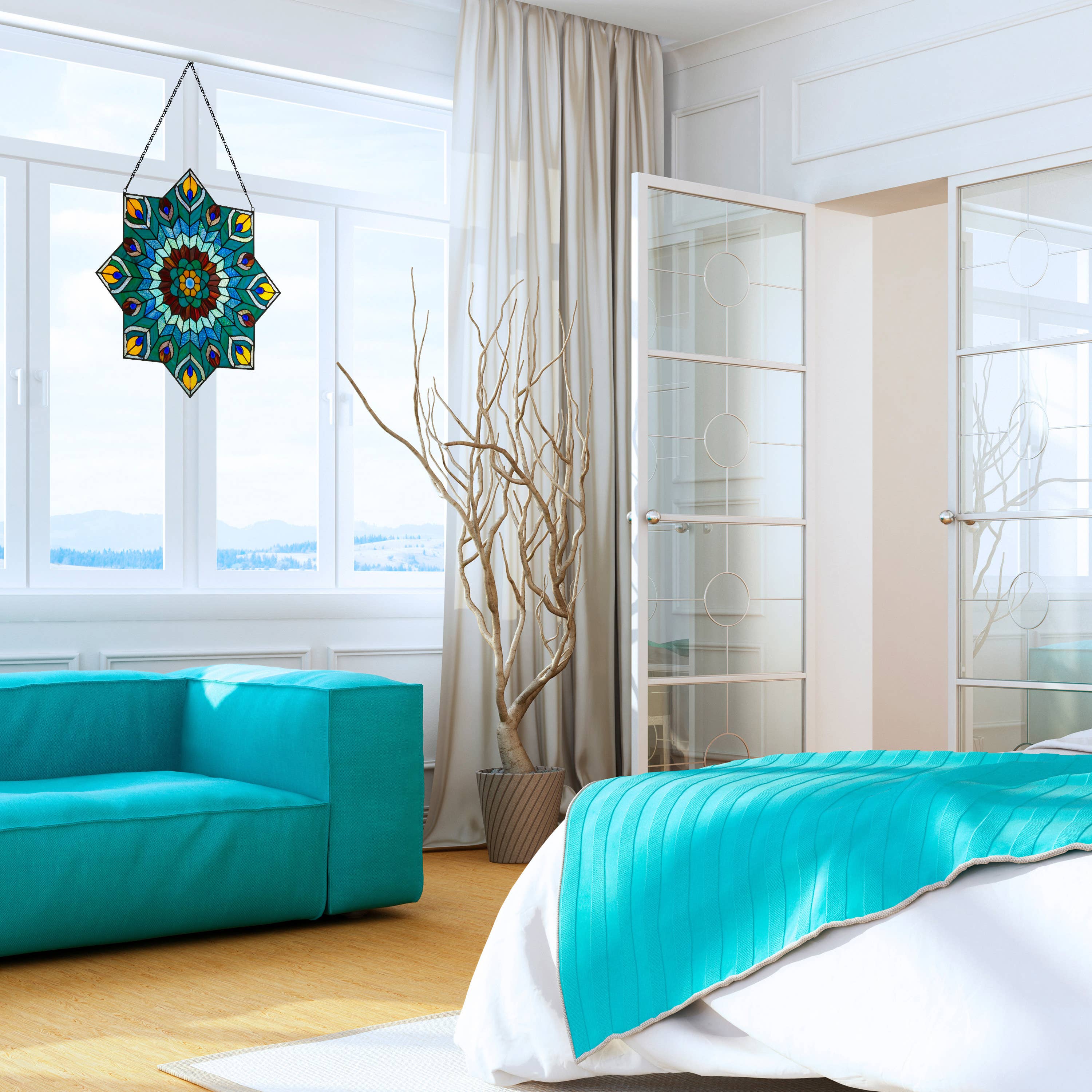 River of Goods - Vente Attrape-soleil - Panneau de vitrail bleu paon Presley de 24 po H2