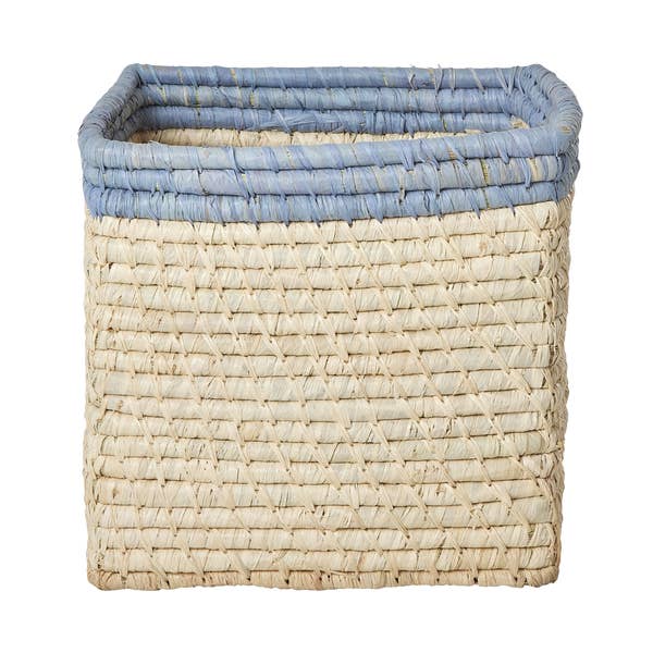 Small Square Raffia Storage Basket with a Blue Top for wholesale by RicebyRice