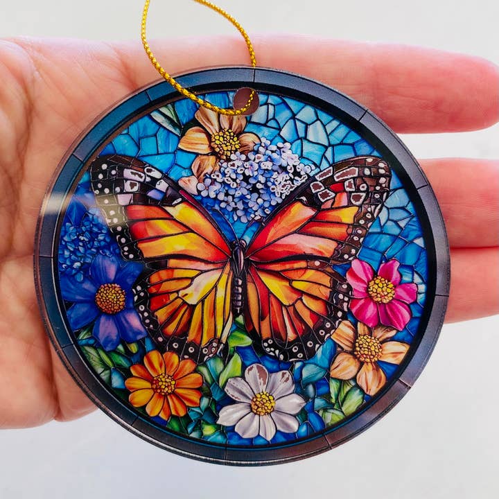 Ornement en faux vitrail papillon floral pour la vente par Spellbound Rose Creations