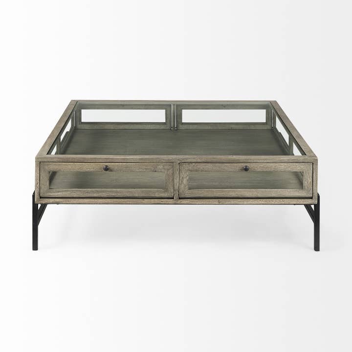 42" Gray and Black Glass and Metal Square Coffee Table With Shelf for wholesale by HomeRoots
