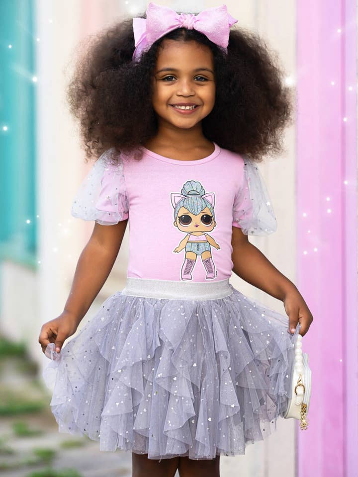 Pink L.O.L. SURPRISE! x Mia Belle Girls Kitty Queen Sparkle Tulle Skirt Set for wholesale on Faire