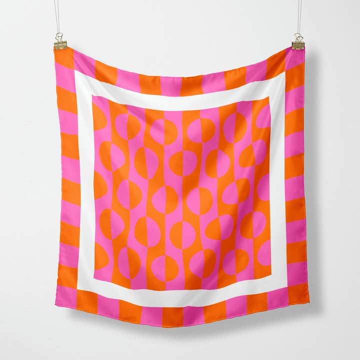Pink retro circles satin scarf for wholesale by Aaliyah Makoni