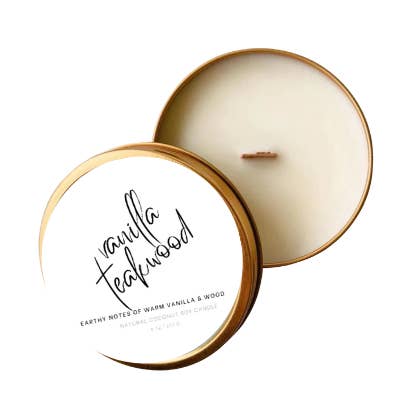 Vanilla Teakwood Travel Tin Can Candles for wholesale by K&KCO. LLC