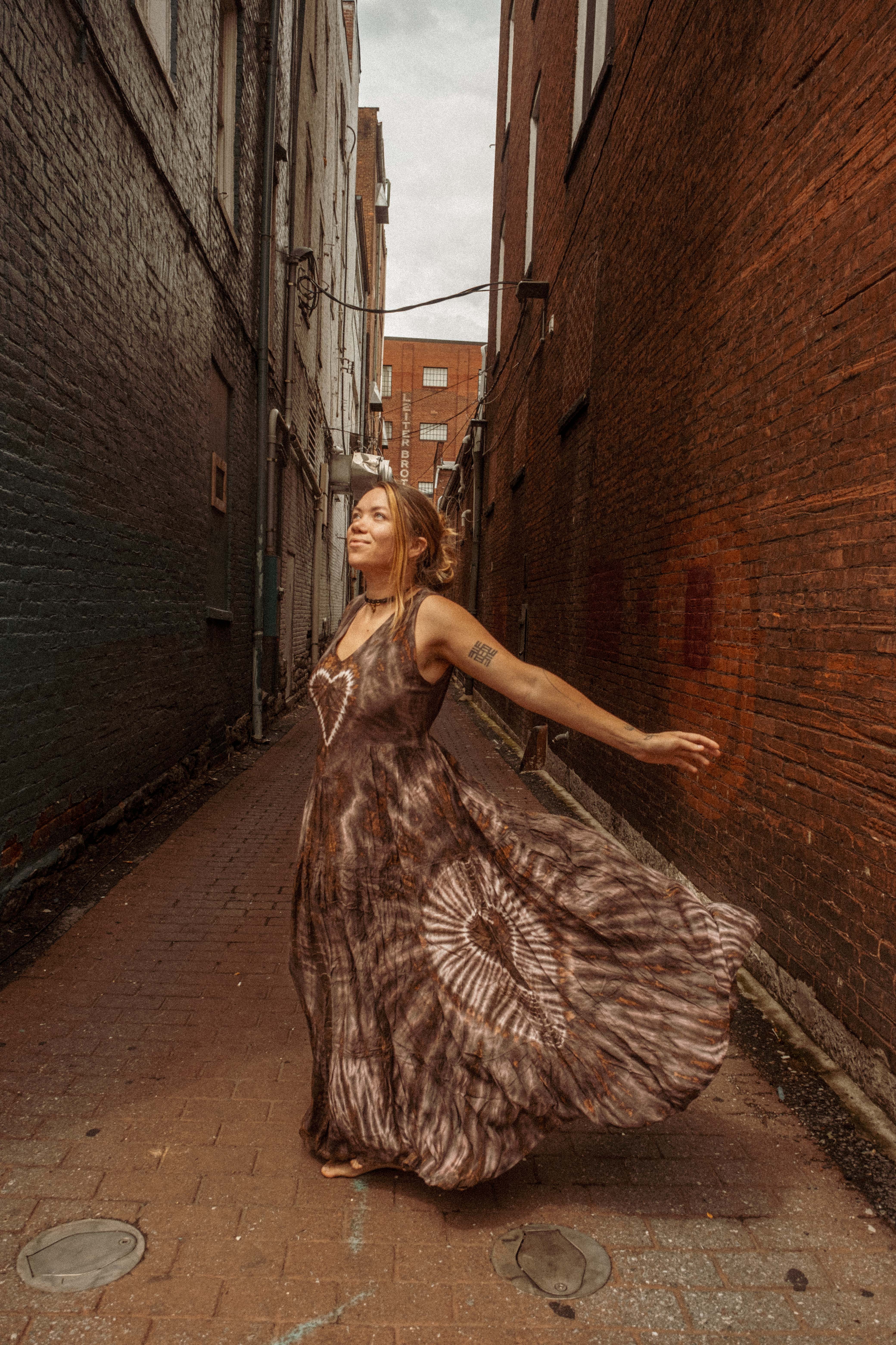 Gardenbelle Shop - Wholesale Dress - Women's - Hippie Boho Love Hand Tie Dyed Maxi Dress, Heart Neutrals7