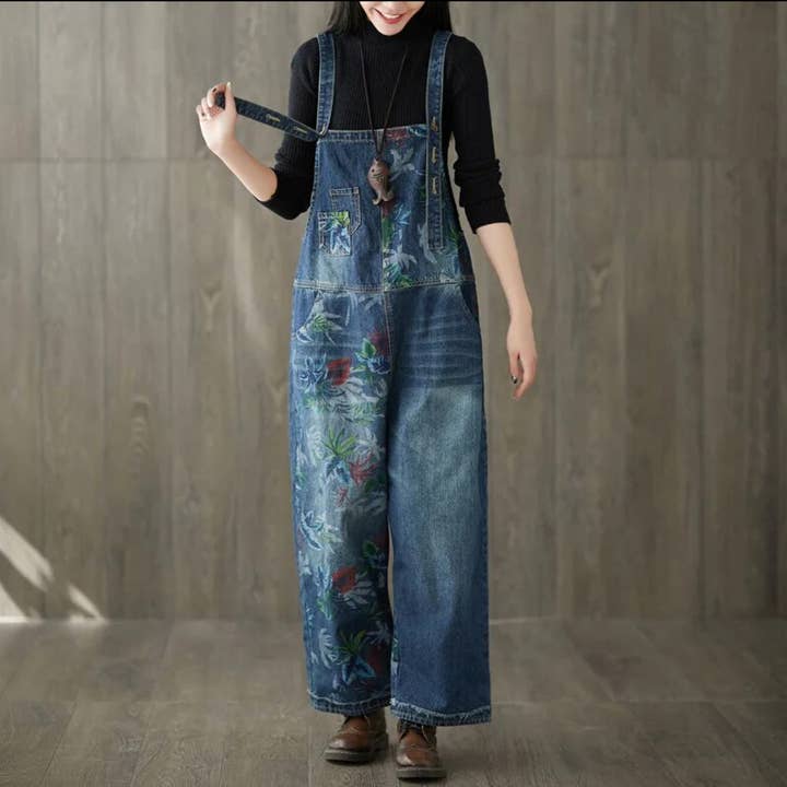 Denim Luxury Bleached Floral Denim Overall Jeans for wholesale by Serenity Collective