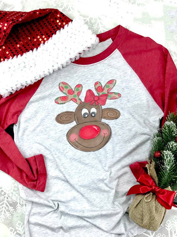 Christmas Clothing Reindeer With Bow Raglan 68321 for wholesale by Cali Boutique Wholesale