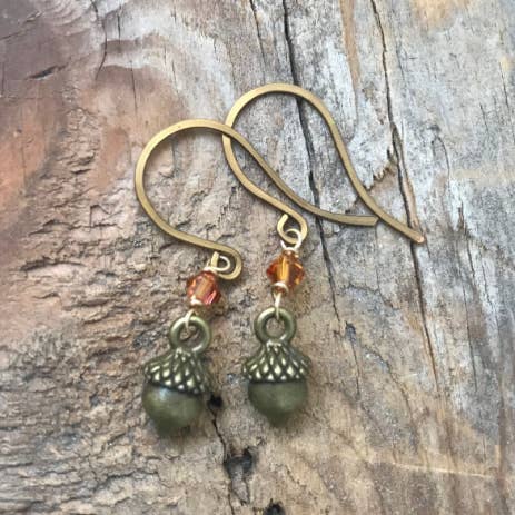 Fuchsia Bloom Studio - Wholesale Dangle Earrings - Tiny Brass Acorn Earrings With Crystal1