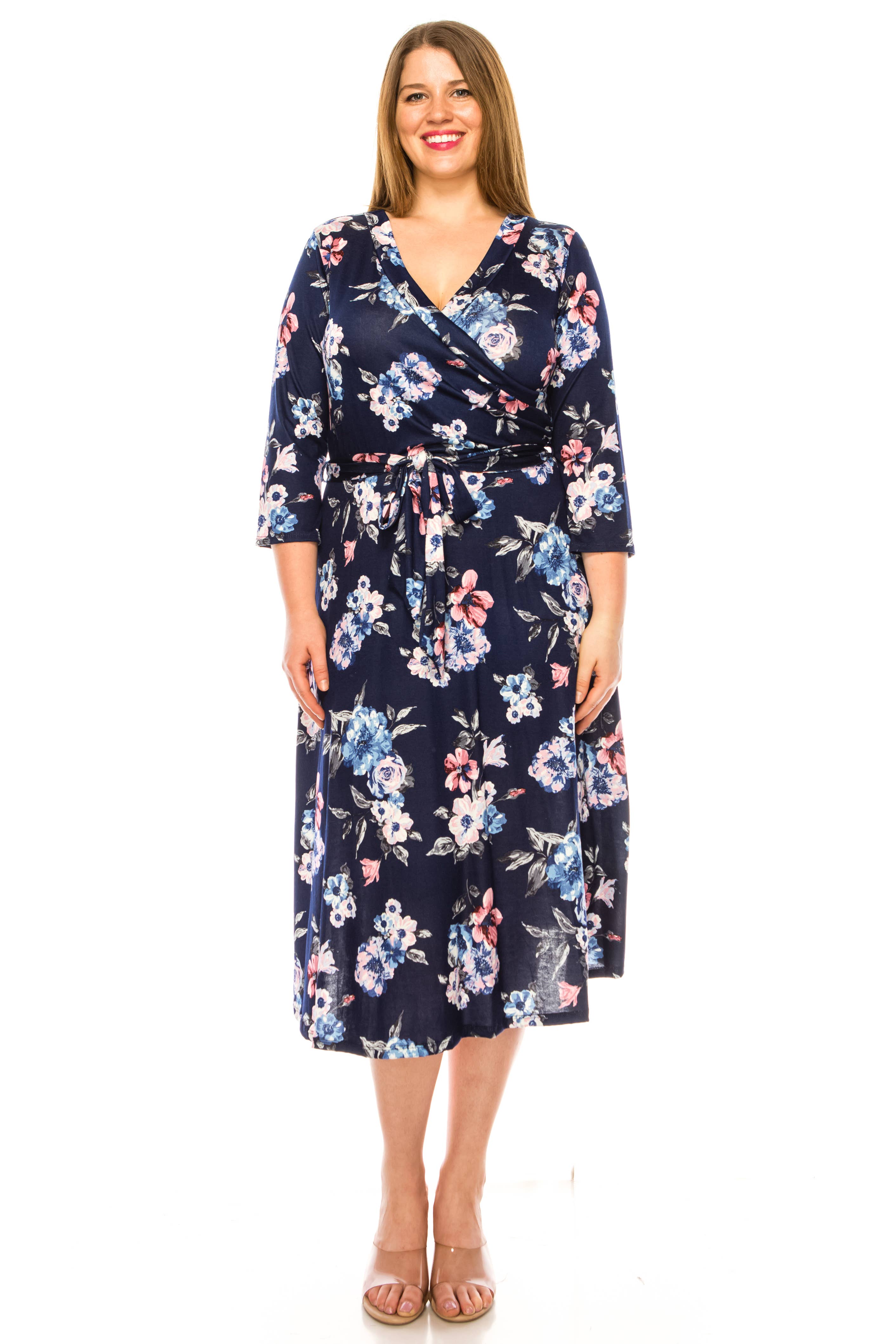 MOA COLLECTION - Vente Robe – femme - Robe portefeuille en faux imprimé à motifs floraux de grande taille pour femmes17