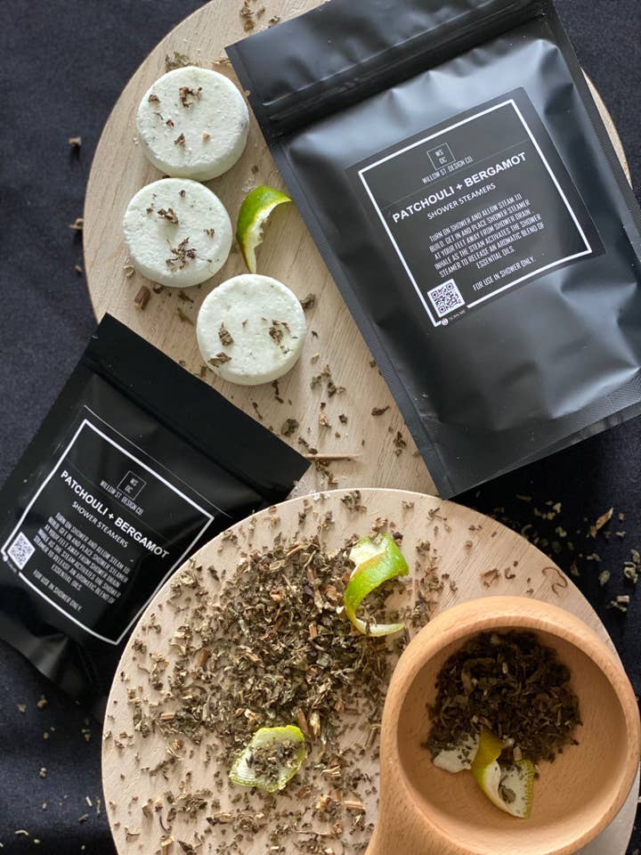 Patchouli + Bergamot Shower Steamers for wholesale by Willow St. Design Co