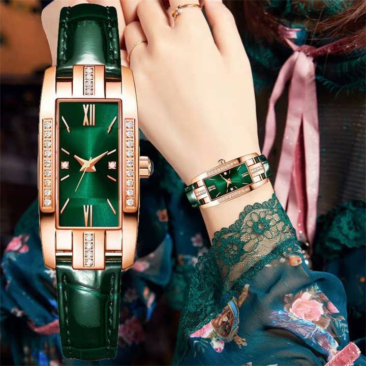 Naomi's Happy Place Shop - Wholesale Wrist watch – Women's - Women's Watches Fashion Square Ladies Quartz Watch Bracelet Set Green Dial Simple Leather Luxury Women Watches2