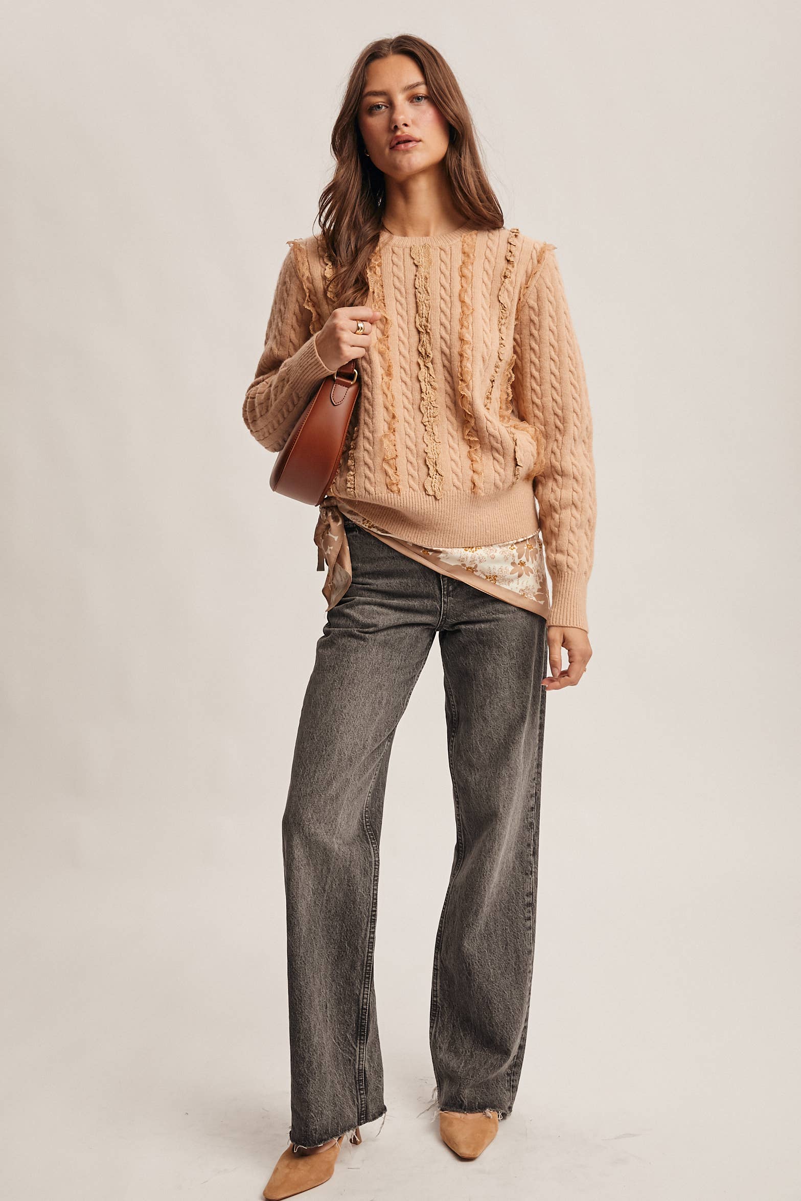 Forte - Wholesale Knit Sweater - Women's - Lace Trim Cable Knit Pullover FSW001017