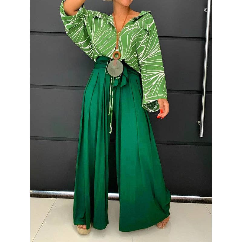GREEN Loose Wide Leg Pleated Solid Color Tied Waist Pants Trousers for wholesale on Faire1