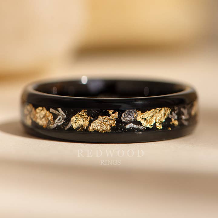 Gold Leaf & Meteorite Tungsten Ring, Polished Black with Sandstone Inlay - 6MM for wholesale by Redwood Rings