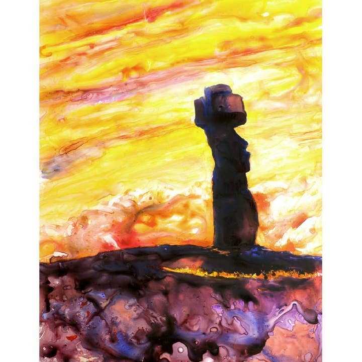 Moai-statue ved solnedgang Påskeøen, Chile- akvarel maleri. Moai statue boligindretning gul akvarel maleri kunst påskeøen (print) for engroshandel hos Ryan Fox Fine Art