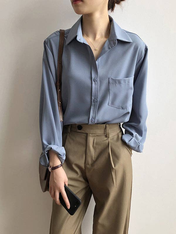 UZ Wholesale Store - Wholesale Button Down Shirt - Women's - Urban Solid Color Lapel Long Sleeves Blouse3