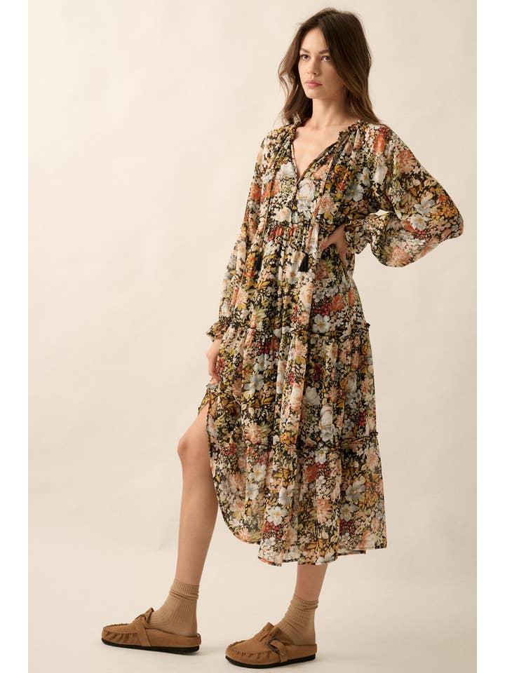Black Floral V-Neck Chiffon Midi Dress for wholesale on Faire