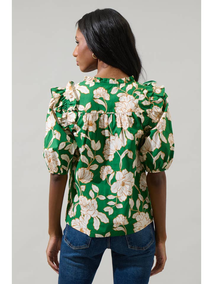 GREEN MULTI Lucena Floral Paz Poplin Short Sleeve Top for wholesale on Faire
