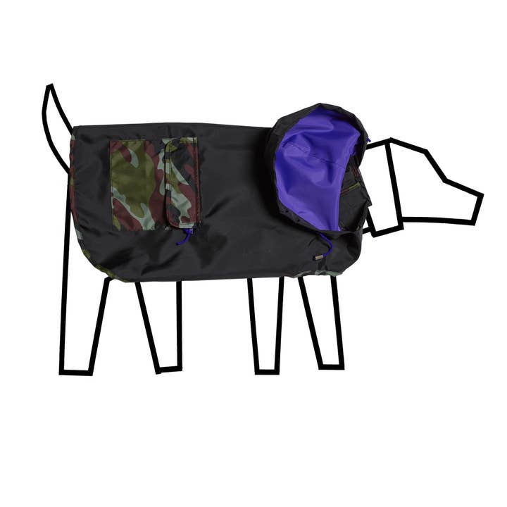 Black & Camo Anorak Dog Raincoat for wholesale by Ware of the Dog