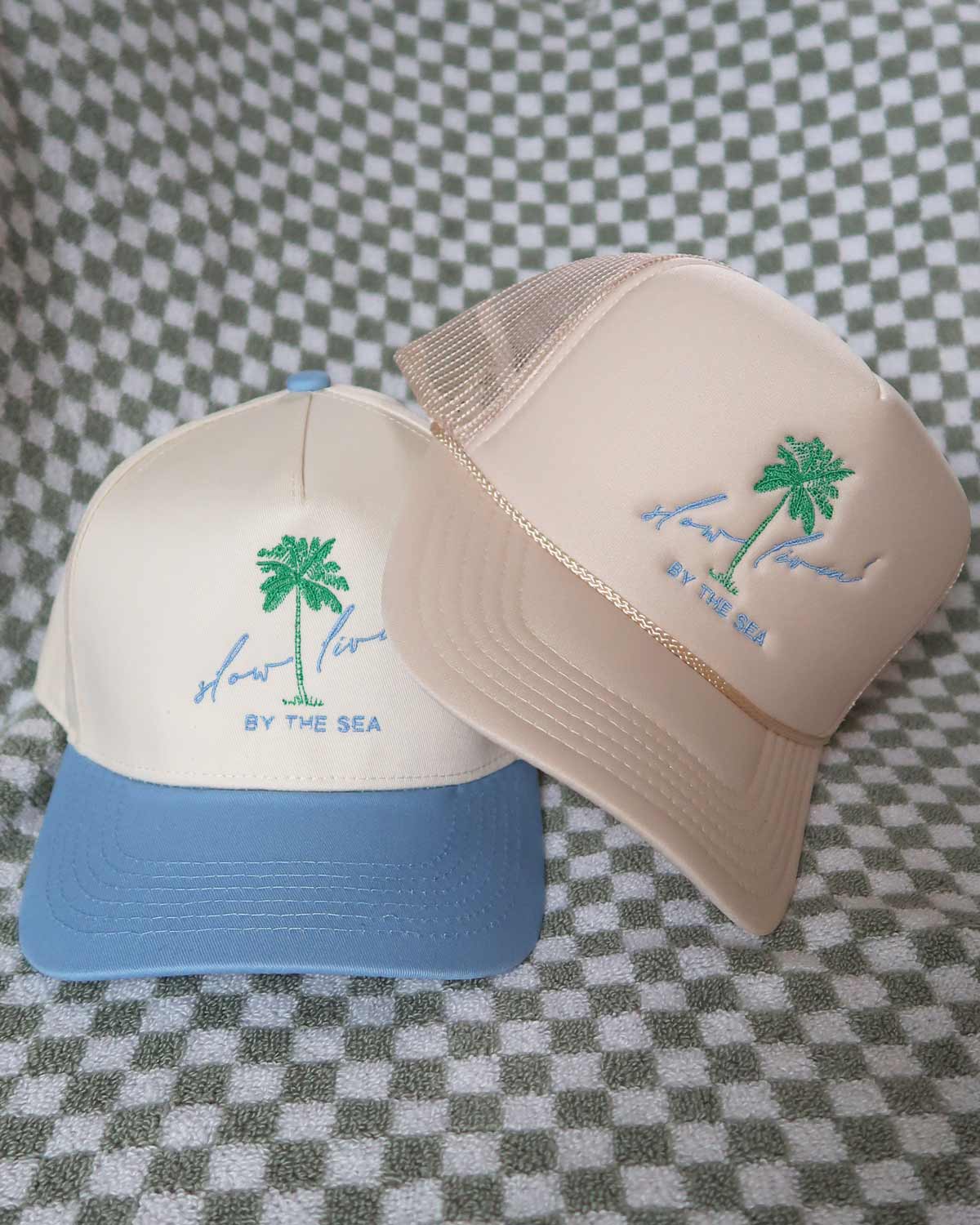 Sundrop - Wholesale Trucker Hat - Unisex - Slow Livin' By The Sea Embroidered Tan Trucker Hat - Palm2