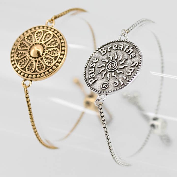 Pause Breathe Smile Mandala Adjustable Bracelet for wholesale by Katia Designs