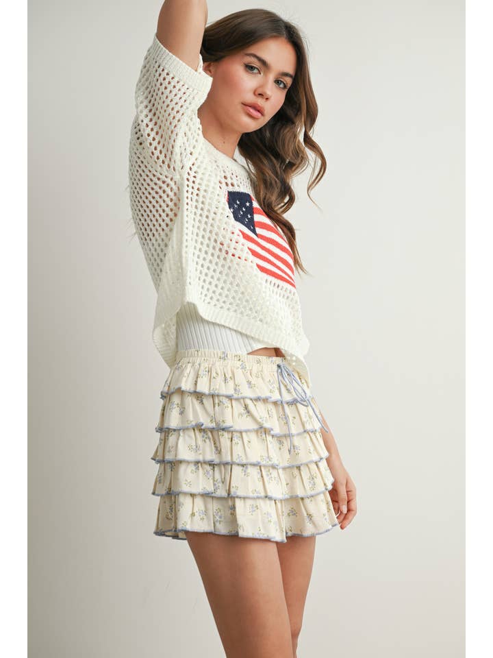 BUTTERMELON - Wholesale Knit Top - Women's - Flag Print Open Knit Crochet Sweater Top - BMW773514