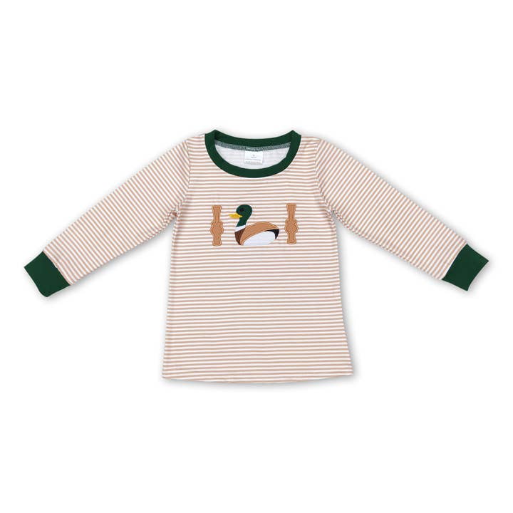 Khaki stripe duck long sleeves kids boy shirt for wholesale by Yawoo Garments