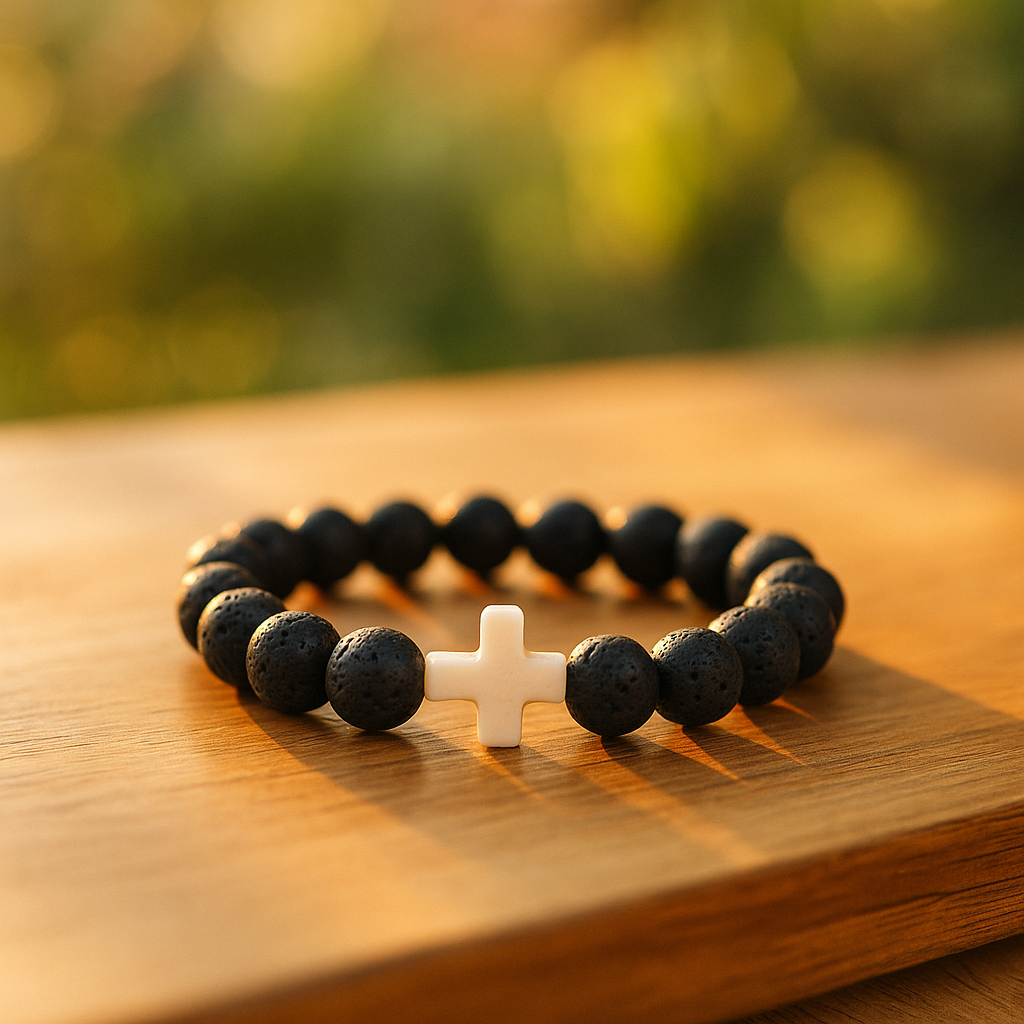 Gemscape UK - Wholesale Beaded Bracelet - Lava Rock & Black Onyx Beaded Bracelet with Cross – Healing 2
