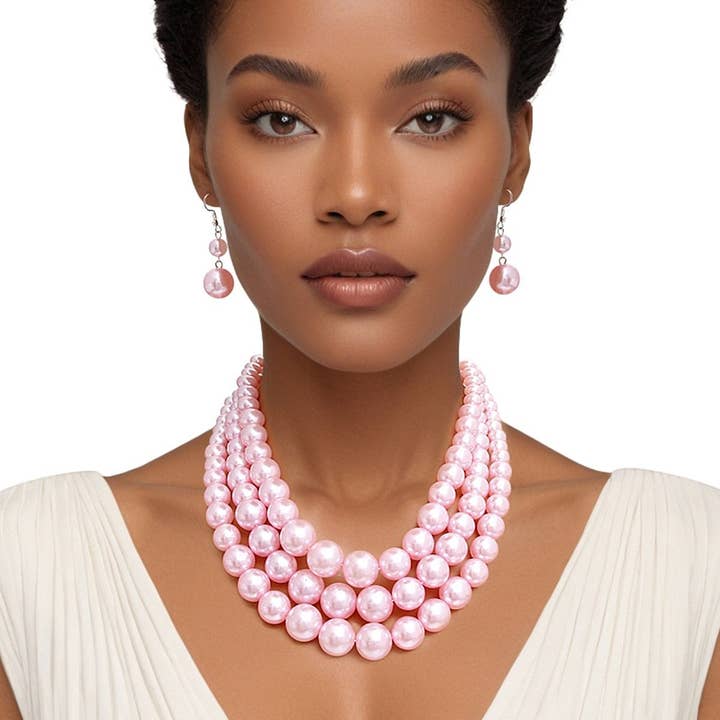 Pearl Necklace Pretty in Pink 3 Strand Set Women for wholesale by PinktownUSA