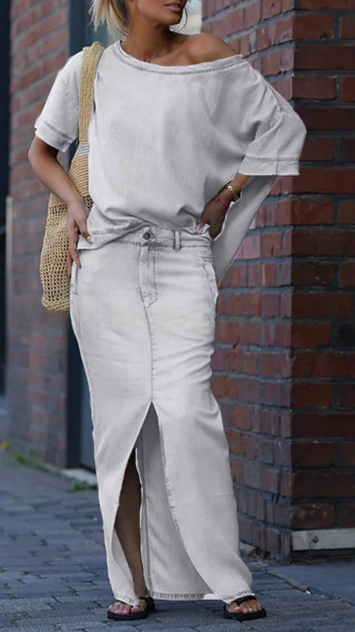 EmberLoom - Vente Ensemble haut et jupe - Femme - Ensemble haut à épaules dénudées et jupe fendue à l'avant3