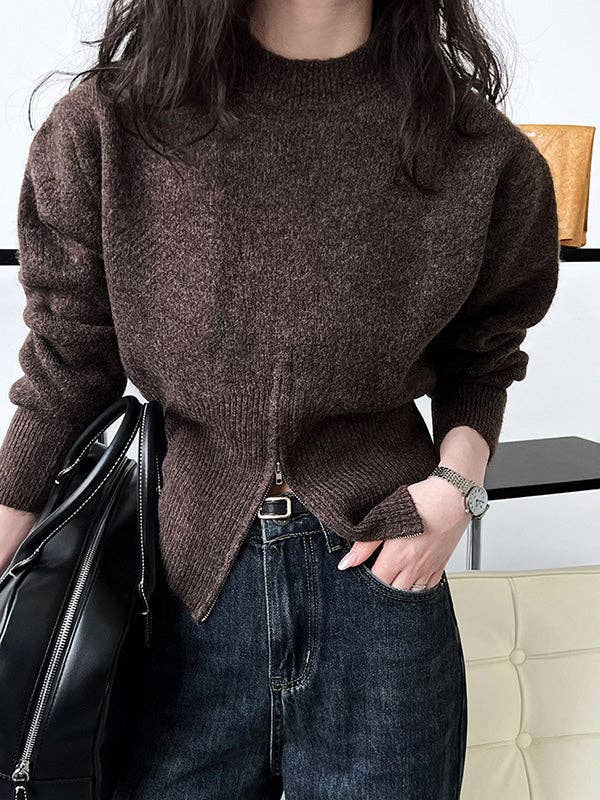 ginghamandposh - Wholesale Knit Sweater - Women's - Long Sleeves Loose Solid Color Zipper Mock Neck Pullovers Sweater Tops