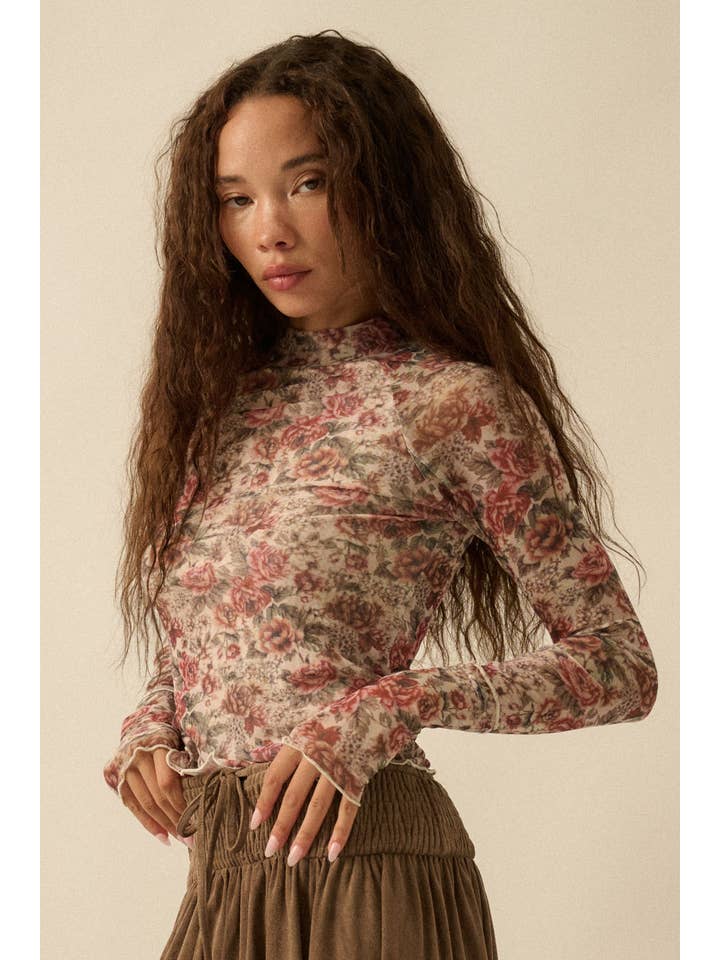 Promesa USA - Wholesale Knit Top - Women's - Floral-Print Mesh Thumbhole Mock-Neck Top6