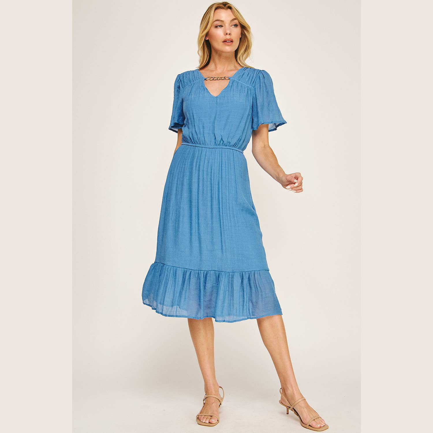 Winslow Collection - Wholesale Dress - Women's - FLUTTER SLEEVE NECKLACE DETAIL PRINTED MIDI DRESS4