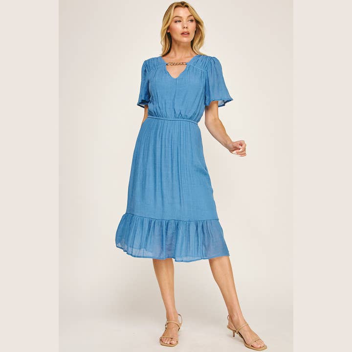 Winslow Collection - Wholesale Dress - Women's - FLUTTER SLEEVE NECKLACE DETAIL PRINTED MIDI DRESS4