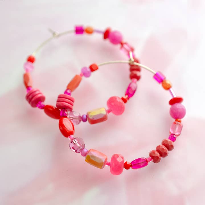 Red + Pink Beaded Hoops Gold filled Hoops for wholesale by Jill Makes