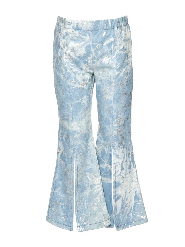 METALLIC PRINT DENIM BELL BOTTOM PANTS W/ SEQUIN STAR DETAIL for wholesale by Hannah Banana , Baby Sara