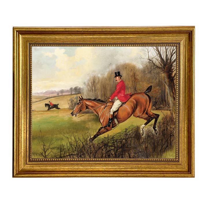 Over the Hedge Fox Hunt Scene Vintage Painting Print on Canvas for wholesale by Madison Bay Co. - Historical Home Decor Reproductions