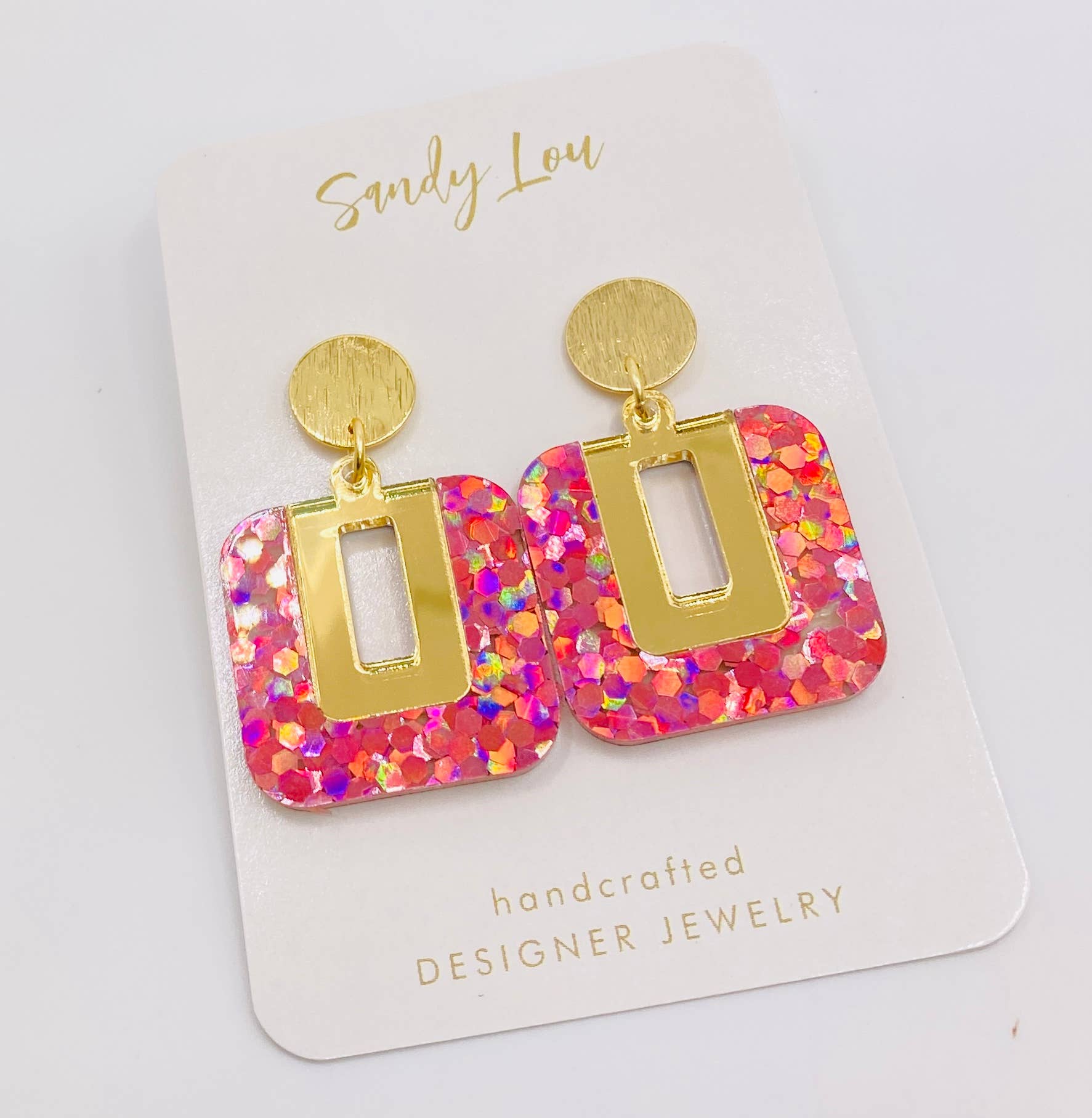 Sandy Lou Designs - Wholesale Dangle Earrings - BE SQUARE PINK HOLOGRAPHIC GLITTER AND GOLD EARRING