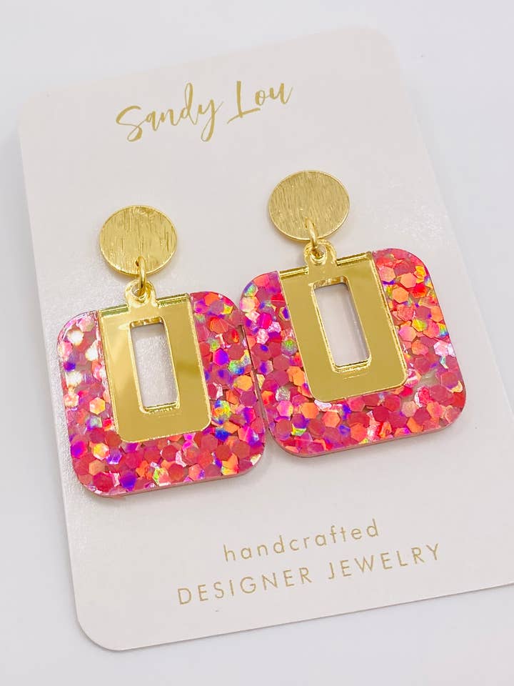 BE SQUARE PINK HOLOGRAPHIC GLITTER AND GOLD EARRING for wholesale by Sandy Lou Designs